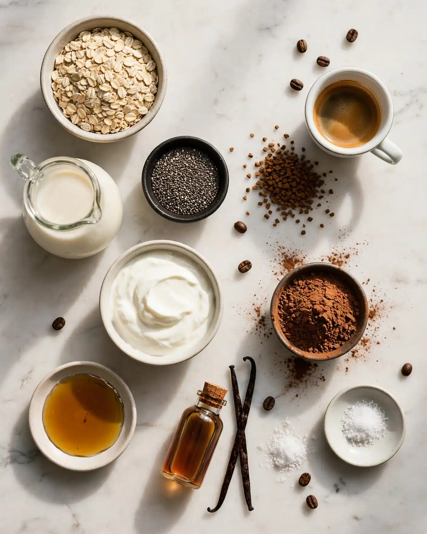 The image shows four steps of making a mixture in a clear glass bowl on a white marbled surface: Step 1 displays a close-up of a small white cup filled with dark brown coffee topped with light brown foam; Step 2 shows the glass bowl filled halfway with tan rolled oats and topped with black and gray chia seeds, arranged with seeds mostly on one side and oats on the other; Step 3 captures a woman's hand pouring the coffee from the patterned small white cup into the glass bowl over the oats and chia seeds; Step 4 reveals the contents in the glass bowl fully mixed with a beige liquid soaking the oats and chia seeds, creating a wet mixture with textured grains and seeds scattered evenly, all photographed from above photo taken with an iphone --ar 4:5 --v 7