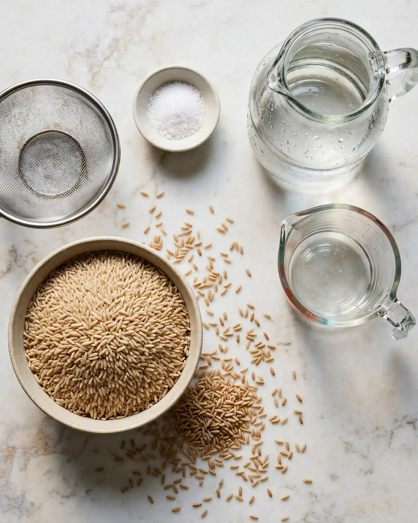 A close-up view of cooked brown rice grains sitting inside a silver metal mesh strainer with two small handles, positioned over a sink. The rice is light brown with some slightly darker grains mixed in, giving a fluffy but slightly sticky texture. The fine holes of the strainer are visible beneath the layer of rice as well as the shiny metal frame. The background features a white marbled texture surface. Photo taken with an iphone --ar 4:5 --v 7