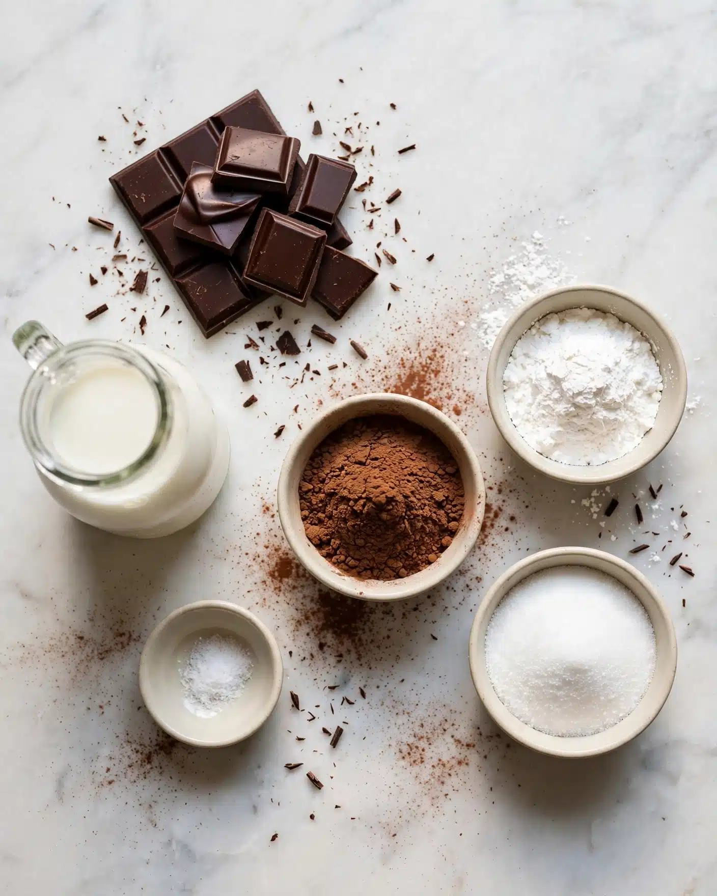 The image shows four steps of making a chocolate mixture, all on a white marbled surface. Step one is a white bowl with a light creamy liquid and some white powder on top, with a metal whisk resting inside. Step two shows a close-up of a woman's hand holding a dark square chocolate piece over a small brown pot filled with a light beige liquid. Step three shows a spoonful of reddish brown powder, held above the same brown pot now filled with a darker chocolatey liquid. Step four has a woman's hand pouring a white liquid from a small white bowl into the brown pot with the dark chocolate liquid inside. photo taken with an iphone --ar 4:5 --v 7