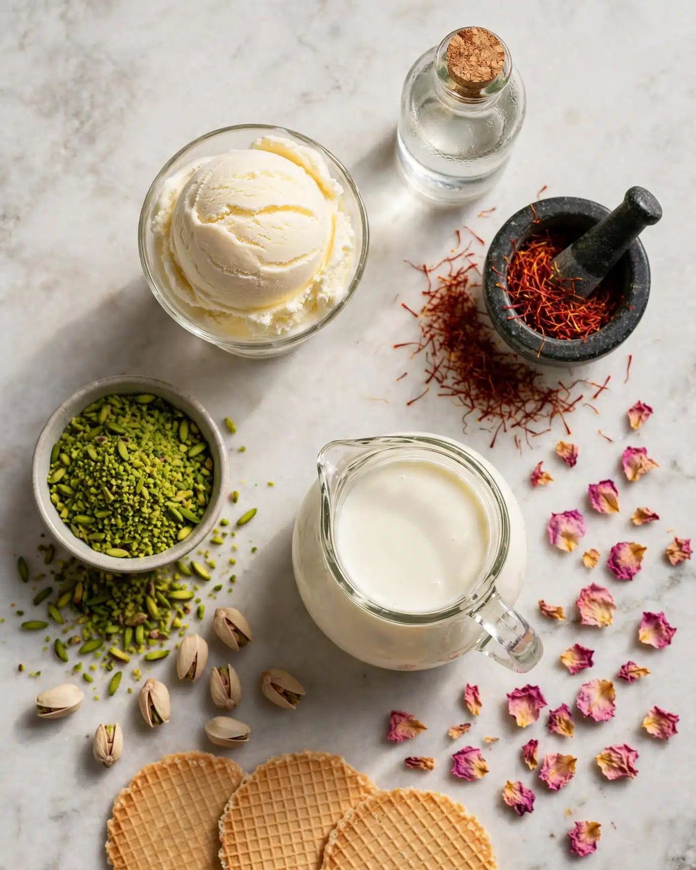 The image is split into four parts showing different steps. The first part shows a rectangular baking pan lined with crinkled white parchment paper, held down by small wooden clips, with a pale dough or batter spread inside. The second part has a wooden cutting board with a scattered pile of finely chopped pistachios in green and light purple shades. The third part shows a dark gray marble mortar with some red spice powder at the bottom. The fourth part displays the same mortar with the red powder now mixed with a golden oil, creating a shiny red and yellow layer. The surface under all items is a smooth white marbled texture. Photo taken with an iphone --ar 4:5 --v 7