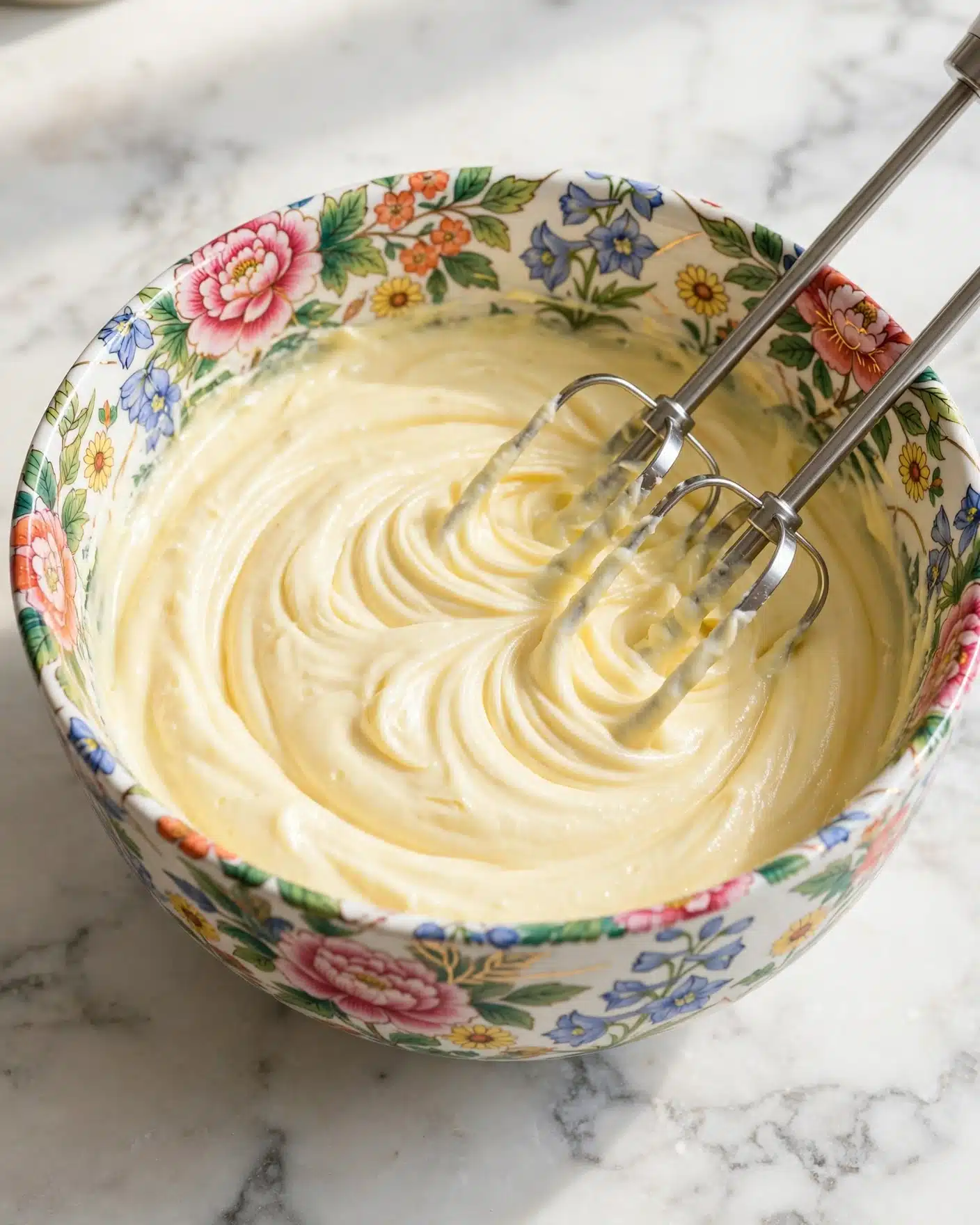 Strawberry Tiramisu (Creamy, Light and Fresh) Recipe 5 A colorful round bowl with a bright and detailed floral pattern holds a thick, creamy, pale yellow mixture that looks smooth and soft. Two silver beaters are partially buried in the creamy mixture, leaving swirled marks in it. The bowl sits on a white marbled surface with natural light softly illuminating the scene. photo taken with an iphone --ar 4:5 --v 7