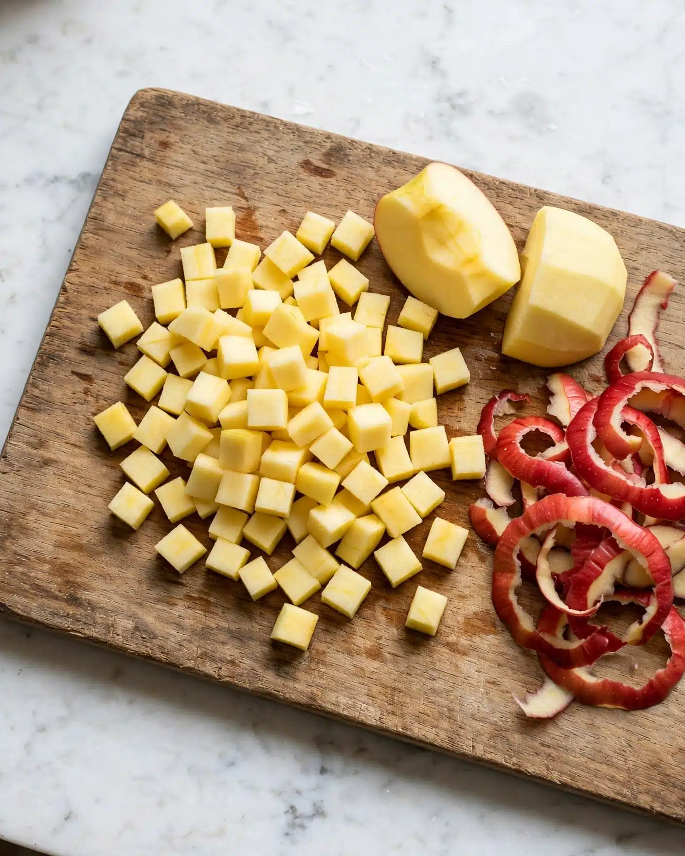 A wooden cutting board on a white marbled surface shows many small, yellowish cubes of peeled apple spread across its center. To the right side, there are two larger pieces of peeled apple and nearby, a pile of red apple peels rests neatly. The scene captures the preparation stage of dicing the apple with clear focus on the different textures: smooth apple flesh, rough peels, and grainy wood. Photo taken with an iphone --ar 4:5 --v 7