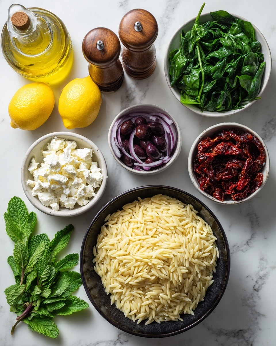 A white bowl filled with orzo pasta mixed with dark purple olives, bright green spinach leaves, small chunks of sun-dried tomatoes, and crumbled white feta cheese. The ingredients are evenly mixed throughout the bowl, with some lemon zest sprinkled on top adding small yellow accents. The bowl sits on a striped white and black towel, placed on a white marbled surface. Near the bowl, fresh green basil leaves and a woven basket with a lemon are visible. Photo taken with an iphone --ar 4:5 --v 7
