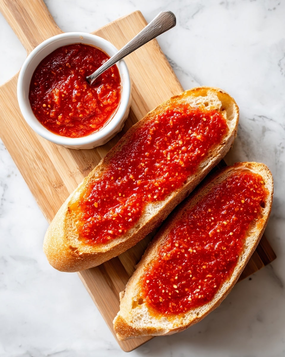 Two long slices of bread are placed side by side on a light wooden board, each topped with a layer of red tomato sauce that shows some texture and bits of tomato, covering most of the bread surface but leaving edges visible. Above the bread slices, there is a small white bowl filled with more red tomato sauce, and a spoon resting inside it. The board and items rest on a white marbled surface. The colors focus on the warm red sauce contrasting with the pale bread and natural wood tones photo taken with an iphone --ar 4:5 --v 7