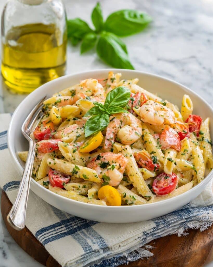 Creamy Shrimp Penne Pasta with Tomatoes and Herbs Recipe