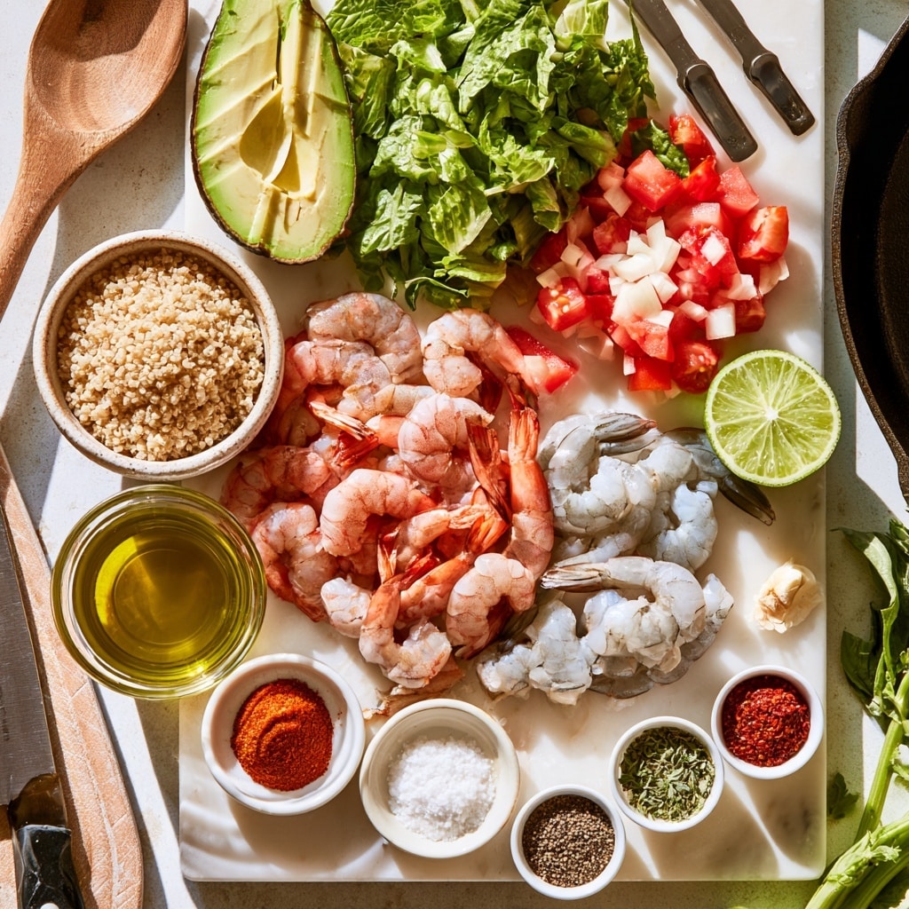A white bowl filled with four main layers arranged side by side: on one side, a pile of small, golden-brown grilled shrimp with char marks, next to bright green lettuce leaves, followed by a scoop of light beige quinoa, and on the last side, a mix of diced red tomatoes, purple onions, and green cucumber. A sliced half avocado with soft green flesh and a few fresh cilantro sprigs sit on top near the quinoa. The bowl is held by a woman’s hand against a white marbled surface. Photo taken with an iphone --ar 4:5 --v 7
