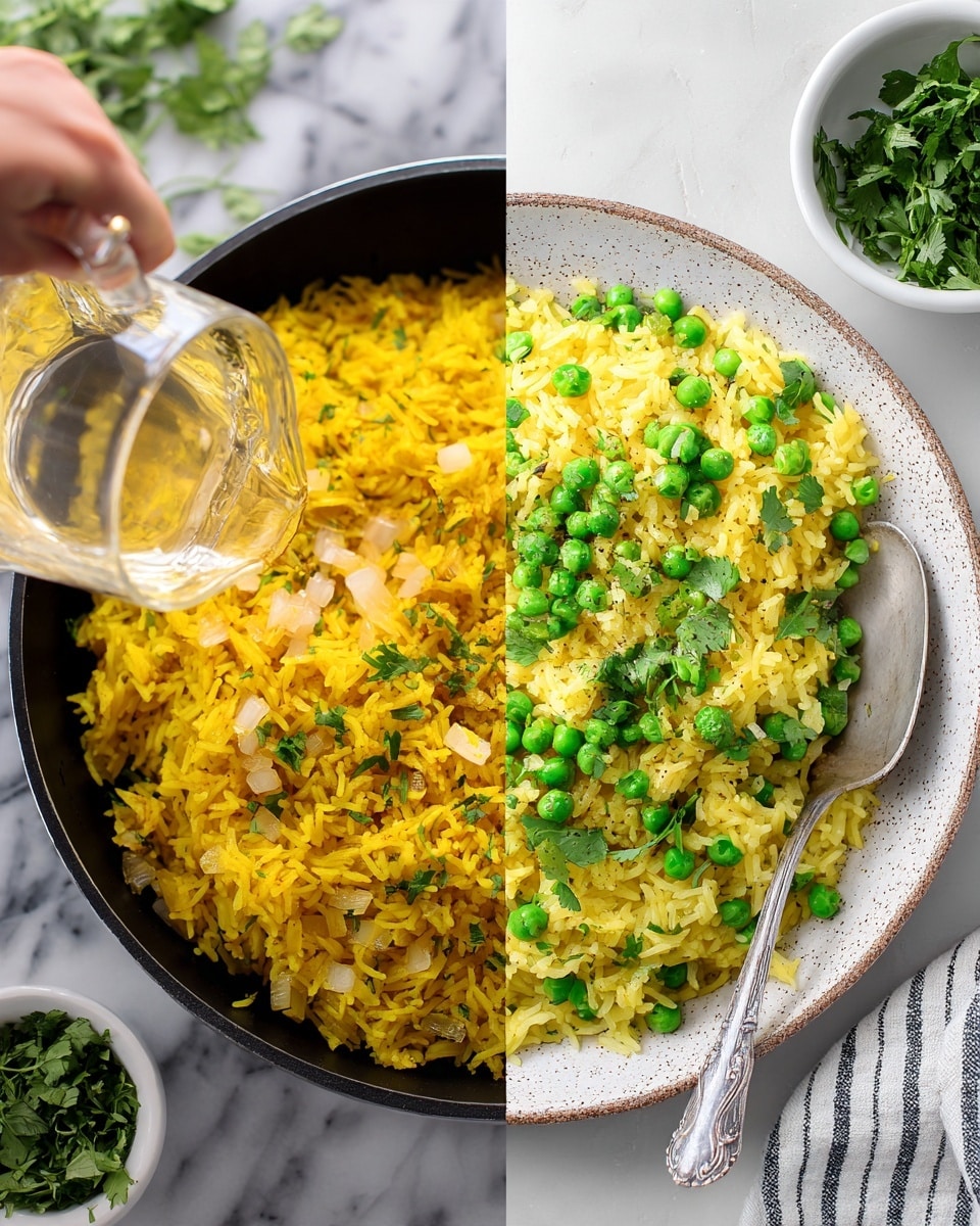 The image shows two parts: on the left, a black pan contains yellow turmeric rice with small pieces of onions, and a clear liquid is being poured over the rice with a glass container. On the right, there is a white speckled plate filled with yellow turmeric rice mixed with bright green peas and fresh chopped cilantro sprinkled on top. A silver spoon rests inside the plate on the left side. The surface under everything is a white marbled texture with a small bowl of green herbs and a striped cloth nearby. photo taken with an iphone --ar 4:5 --v 7