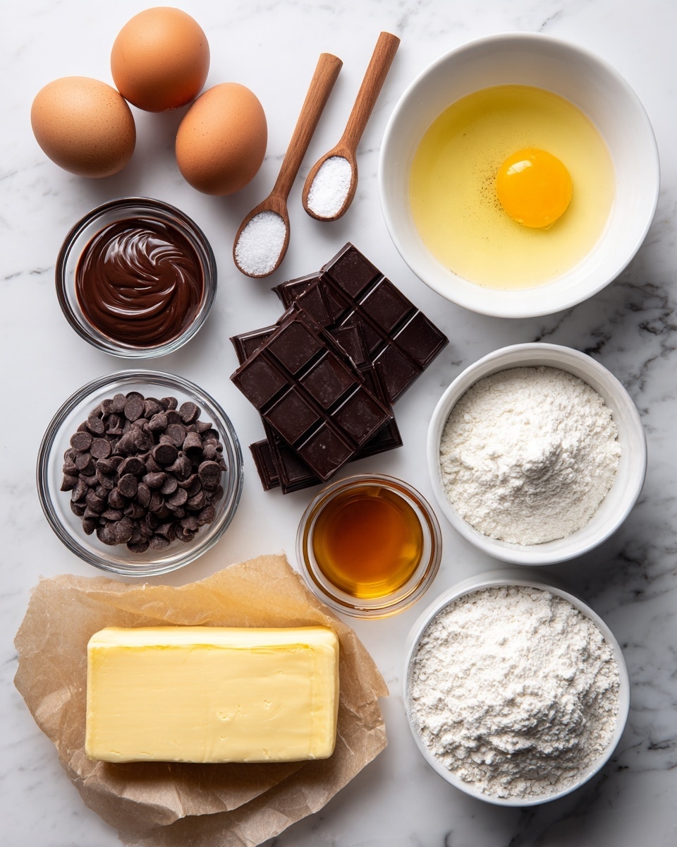 The image shows an overhead view of baking ingredients arranged neatly on a white marbled surface. There are two whole brown eggs beside a small white bowl holding a bright yellow egg yolk. A larger white bowl contains a pale yellow liquid with specks. Below it are two wooden measuring spoons, one with white granules and the other with white powder. To the left, a small glass bowl holds smooth dark melted chocolate, and next to it is a pile of dark chocolate squares. Below the chocolate squares, a small white bowl is full of dark chocolate chips. At the bottom left, a block of yellow butter rests on a piece of brown parchment paper. Adjacent to the butter is a white bowl filled with fine white powdered sugar, and next to that, another white bowl contains white flour. Finally, a small white bowl at the bottom center is filled with amber-colored vanilla extract. The photo was taken with an iphone --ar 4:5 --v 7
