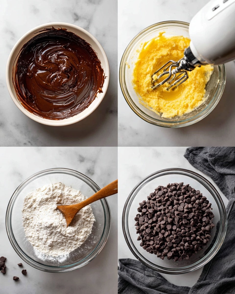 This image shows four steps of making chocolate batter in clear glass bowls placed on a white marbled surface. The first step (top left) shows a white pan with melted chocolate spread evenly, shiny and dark brown with a smooth texture. The second step (top right) shows a clear bowl with yellow batter and chocolate being mixed by a white electric hand mixer. The third step (bottom left) shows the chocolate mixture in the clear bowl with a wooden spoon stirring in white flour powder on one side. The fourth step (bottom right) shows the same clear bowl with the dark chocolate batter and a pile of dark chocolate chips on top, ready to be mixed. A dark gray cloth is partially visible near the bowls. Photo taken with an iphone --ar 4:5 --v 7