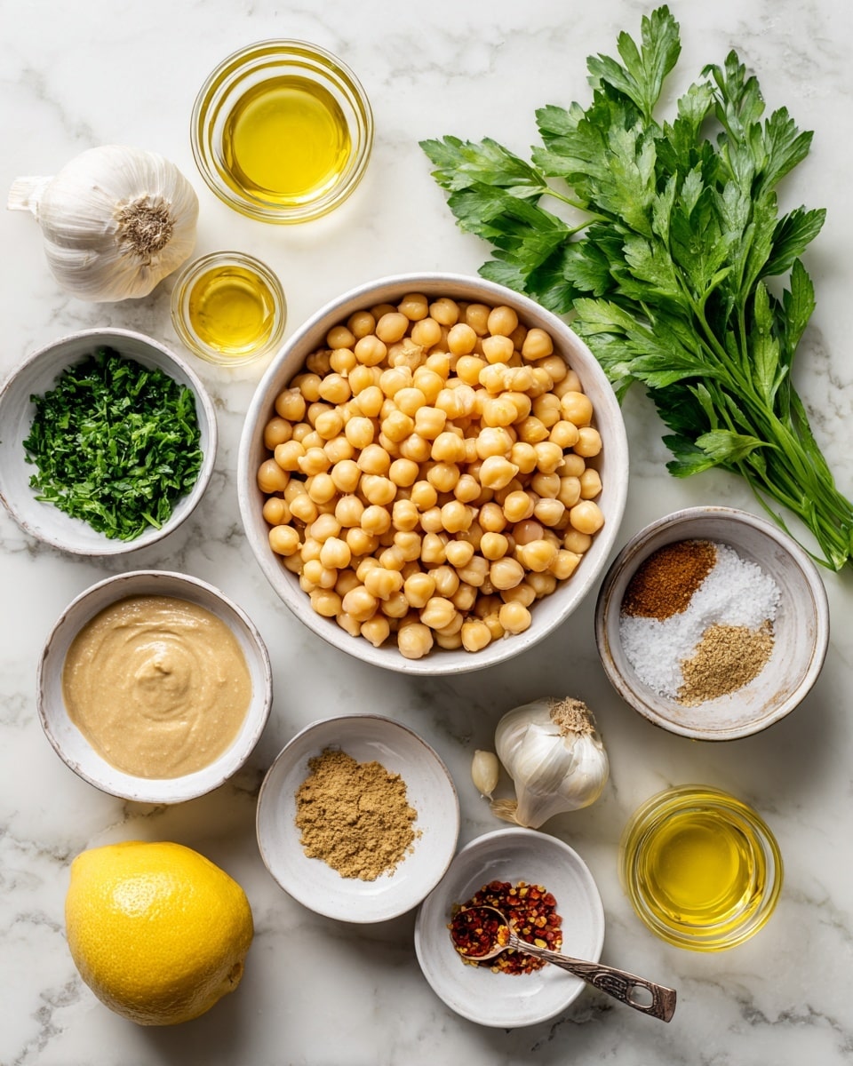 A top view of assorted ingredients for making hummus arranged neatly on a white marbled texture. In the center, a large white bowl filled with pale yellow chickpeas. Surrounding the bowl are smaller white bowls with various ingredients: fresh green parsley leaves, a smooth beige tahini sauce with a spoon, light brown ground cumin, a whole peeled garlic clove, coarse salt, and red chili flakes. Additionally, there are small glasses containing olive oil with a golden yellow color, a clear liquid, and another light yellow liquid. A half lemon with bright yellow flesh is also placed on the surface. Photo taken with an iphone --ar 4:5 --v 7