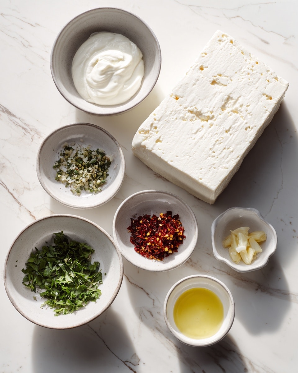The image shows seven white ceramic bowls arranged on a white marbled surface. The largest bowl on the right holds a thick rectangular block of white cheese with some small holes. Around it, there are six smaller bowls: one filled with a smooth white yogurt-like substance, another contains chopped green herbs, one has crushed red pepper flakes, a small bowl holds minced garlic, another has a light yellow liquid (probably oil), and the last one contains a pale translucent liquid. The bowls' textures vary from smooth yogurt and cheese to finely chopped herbs and flakes. The setup looks clean, bright, and naturally lit. photo taken with an iphone --ar 4:5 --v 7