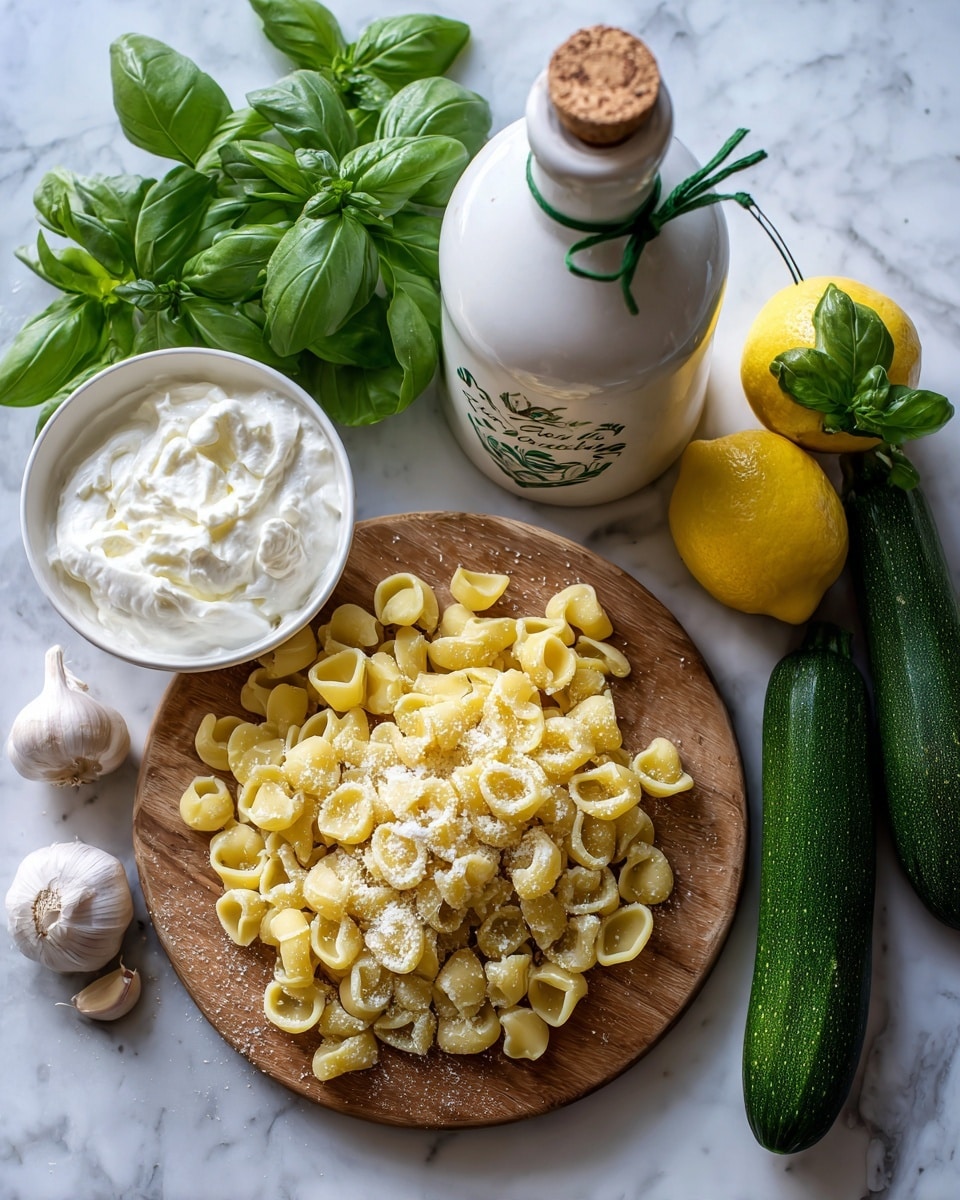 The image shows a round wooden board full of small yellow pasta pieces dusted with white flour, placed on a white marbled surface. Below the board, there is a white bowl filled with creamy white cheese or ricotta, and to the left of the bowl, a bunch of fresh green basil leaves rests on the marble. Next to the basil, two garlic bulbs with white and light brown skins are visible. On the right side of the board, there are three dark green zucchinis aligned vertically, and to their right, a bright yellow lemon with green leaves attached is placed. Behind the zucchinis, a white ceramic bottle with a cork stopper tied with a green ribbon stands upright, labeled with olive oil text and green leaf designs. Photo taken with an iphone --ar 4:5 --v 7
