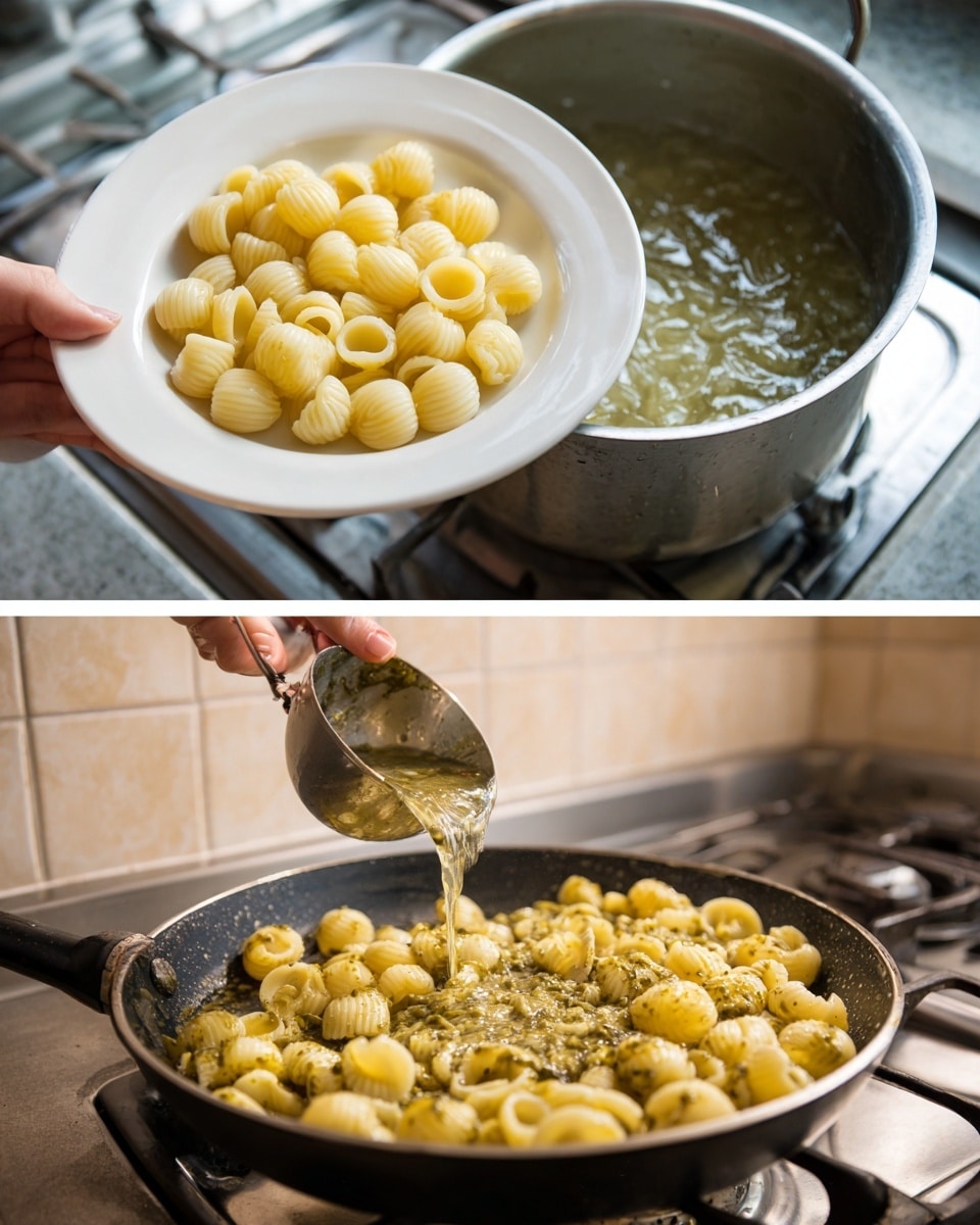 The first image shows a white plate holding uncooked small round pasta pieces above a large metal pot filled with boiling water, where some pasta is already cooking and floating. The second image shows a black frying pan on a stove filled with round pasta pieces covered in a green sauce with a rough texture, while a silver ladle held by a woman's hand pours some clear liquid over the pasta. The background in both images is neutral tiled, and the surfaces are not the main focus. photo taken with an iphone --ar 4:5 --v 7