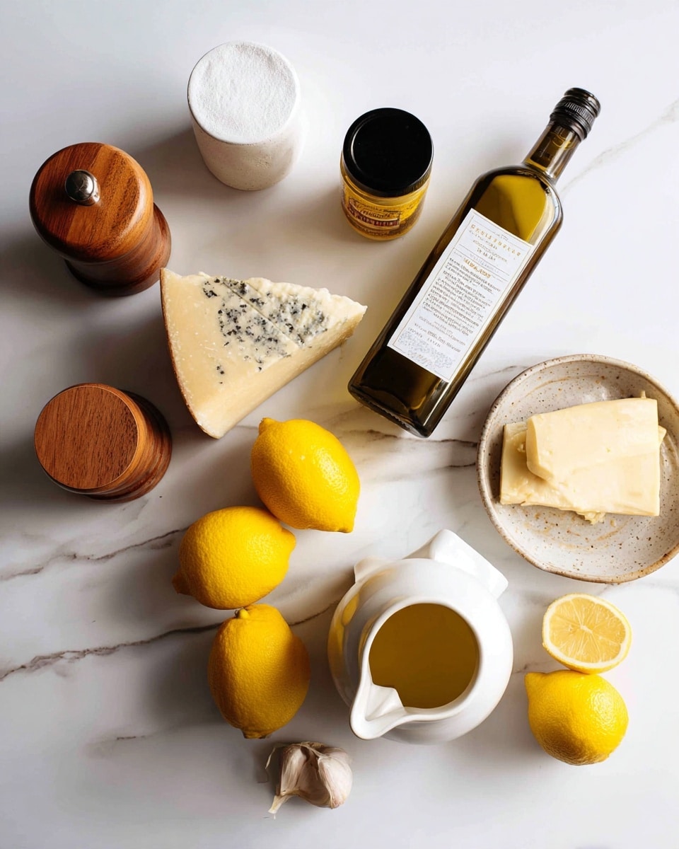 The image shows two parts: the top part has various cooking ingredients arranged on a white marbled surface, including a wedge of cheese with a label, a bottle of light olive oil, a jar of Dijon mustard, a white container, a wooden salt container with its lid off, three bright yellow lemons, a white garlic bulb, and a brown pepper grinder. The bottom part shows a small white juicer on the same white marbled surface with a lemon half pressed on top, juice collecting in the clear container below, with a glass mug, a wedge of cheese, a salt container, and a whole and juiced lemon nearby in the background. Photo taken with an iphone --ar 4:5 --v 7
