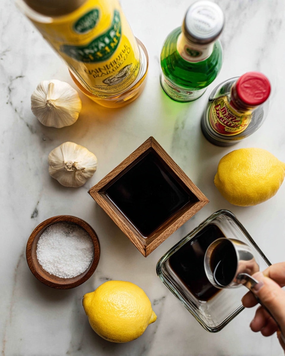 The image shows two parts: the top part has five ingredients placed on a white marbled surface — a large clear container of honey with yellow label, a green bottle of olive oil, a white bottle of Dijon mustard with a red label, a green bottle of balsamic vinegar, a whole garlic bulb, half a lemon facing up, and a small wooden container with salt and its lid slightly open. The bottom part shows a woman’s hand holding a metal measuring cup pouring dark balsamic vinegar into a clear square glass container, with the bottles slightly blurred in the background. photo taken with an iphone --ar 4:5 --v 7
