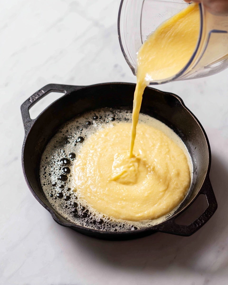 A black cast iron pan is placed on a white marbled surface with melted butter bubbling on the left side of the pan. On the right side, a smooth, light yellow batter is being poured from a clear blender jar, spreading into a circle. The contrast between the golden melted butter and the creamy batter is clear. A woman's hand is holding the blender jar as the batter flows out. The scene is bright and well-lit, giving a fresh cooking moment feel. photo taken with an iphone --ar 4:5 --v 7