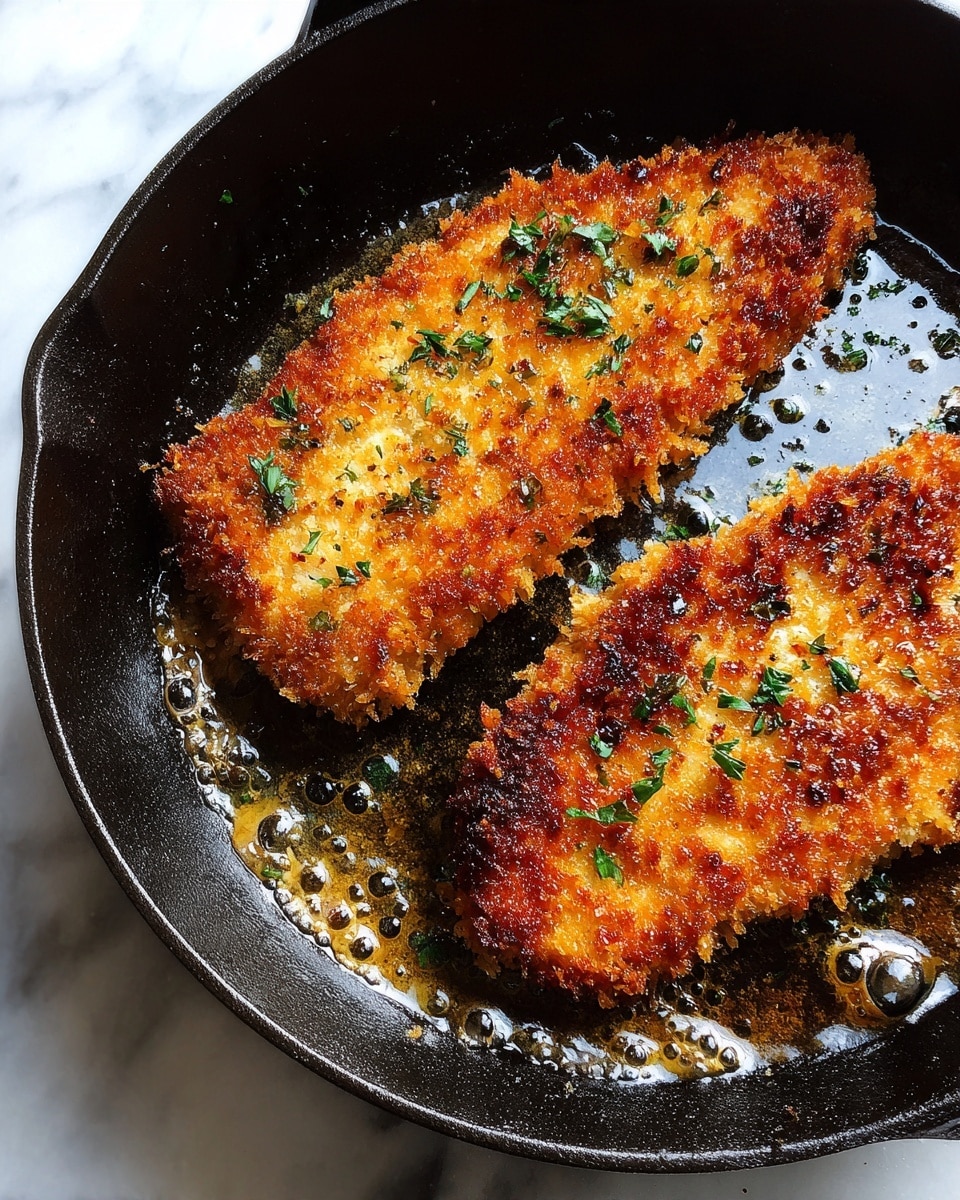 Two pieces of golden brown breaded chicken are frying in a black cast iron pan. The chicken has a crispy texture with darker browned spots and visible herbs in the coating. The pan has small bubbles of oil around the chicken, showing it is hot. The background is a white marbled surface. photo taken with an iphone --ar 4:5 --v 7