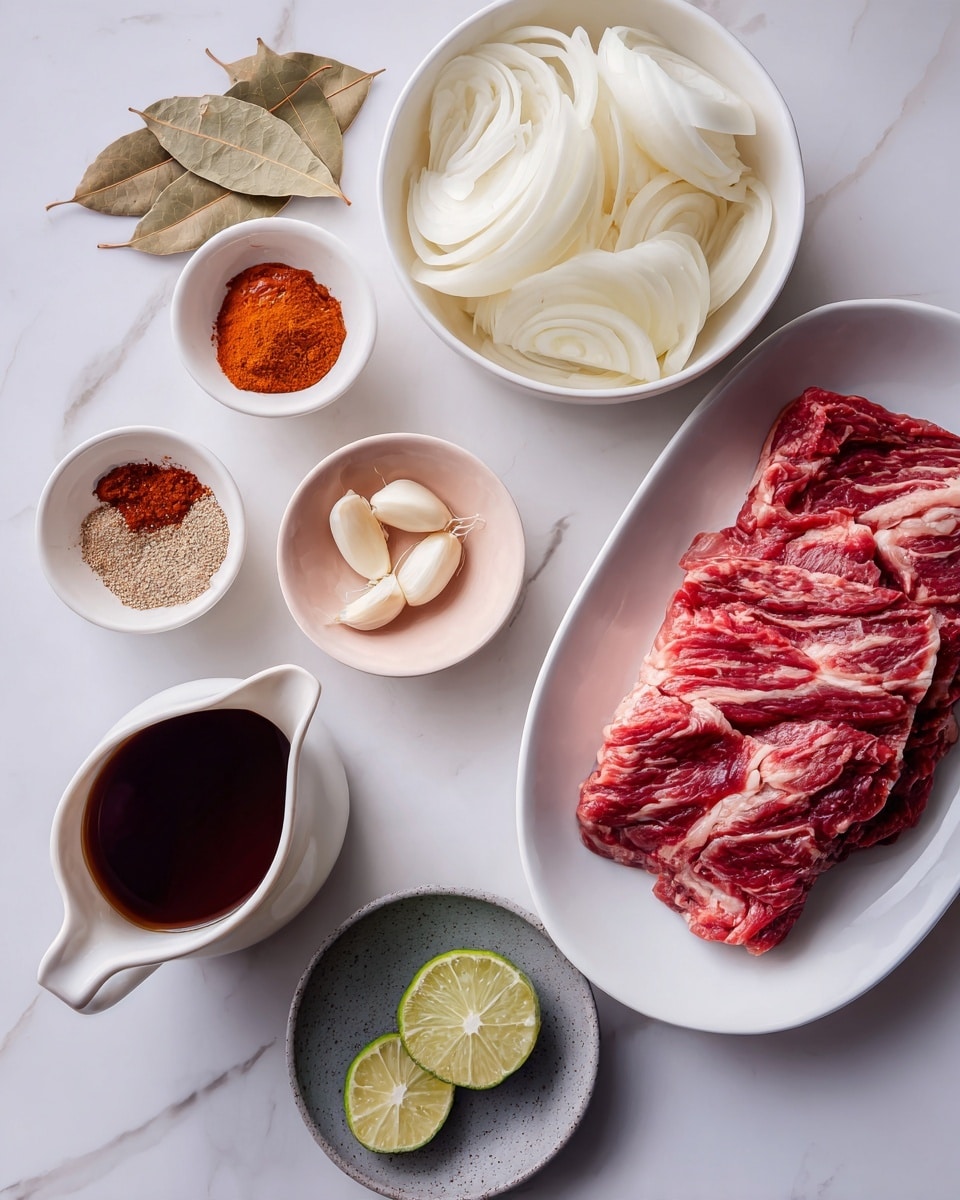 The image shows several ingredients for cooking arranged neatly on a white marbled surface. On the right is a white oval plate holding a large piece of raw red meat with visible marbling and fat. Next to it, in the center, is a white bowl filled with thick white onion slices. Above the bowl are two dried bay leaves and a small round pink dish with peeled garlic cloves. To the left, there are three small white bowls with different powders and sauces: one bowl holds a reddish-brown sauce, another has a bright red paste, and the last contains a brown spice mix. Below these is a small white pitcher filled with a dark brown liquid. In front of the pitcher is a small round grayish plate with two lime halves. The setup is clean and organized, with a soft natural light. photo taken with an iphone --ar 4:5 --v 7