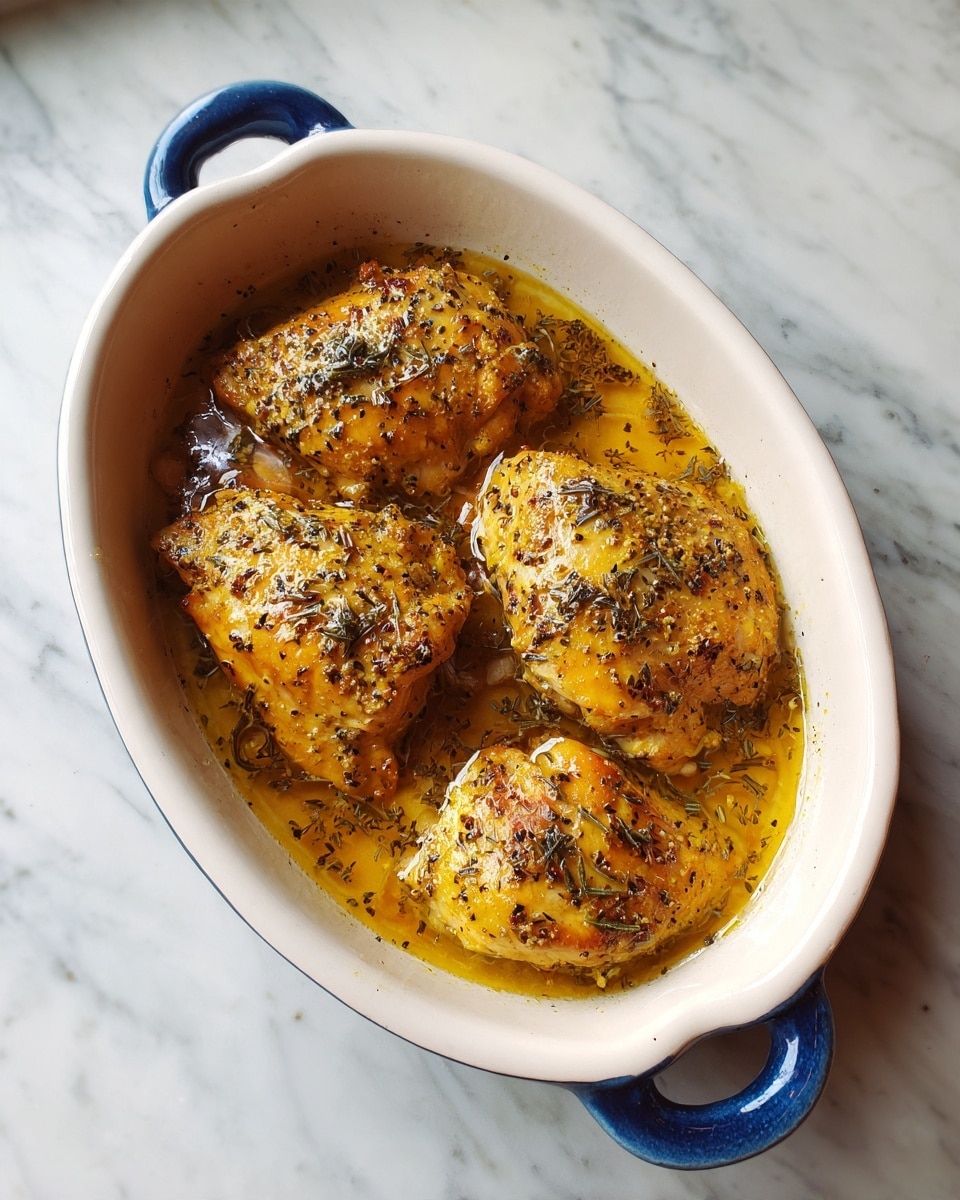 A white oval ceramic dish with blue handles contains four pieces of golden-yellow seasoned chicken soaking in a light brown, oily broth with visible herbs and black pepper sprinkled on top. The chicken pieces have a slightly shiny texture from the broth, and the dish is placed on a white marbled surface. photo taken with an iphone --ar 4:5 --v 7
