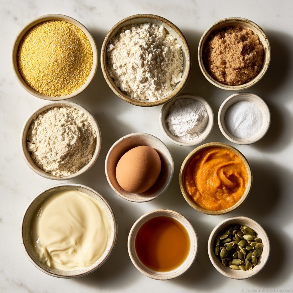 The image shows four steps in clear glass bowls on a white marbled surface. In the first bowl, there are four separate piles of dry ingredients: light brown sugar, white sugar, pale yellow cornmeal, and white flour, all arranged in four sections within the bowl. The second bowl shows the same mixture, but the dry ingredients are now blended into a coarse beige powder. The third bowl contains a mix of pumpkin orange puree and thick white cream, sitting side by side in soft textured dollops, ready to be mixed. The fourth bowl shows a smooth, thick, bright orange batter, with a whisk partially immersed in it hinting it has been well mixed. Photo taken with an iphone --ar 4:5 --v 7