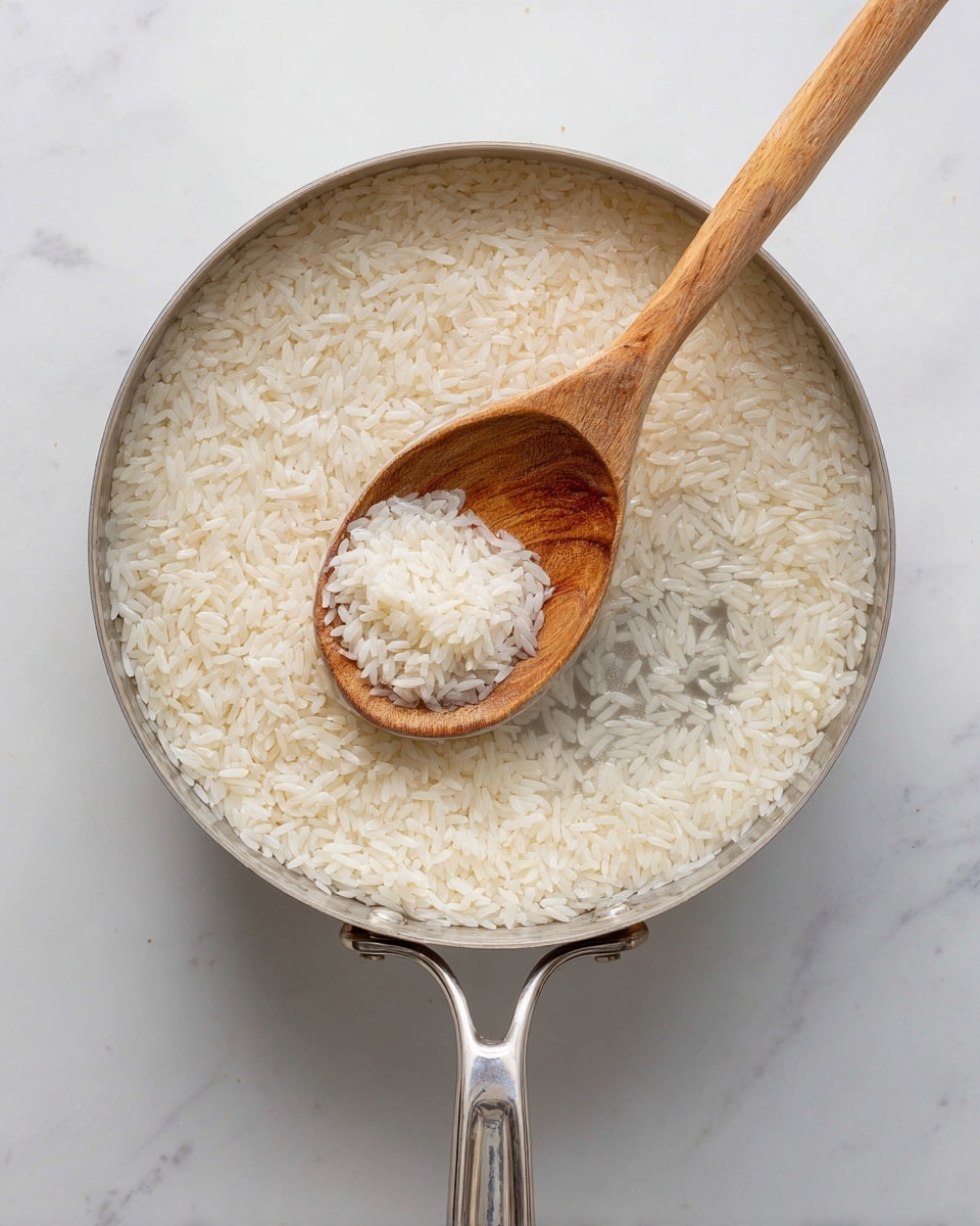 A silver pan filled halfway with white uncooked rice and water, with the rice grains clearly visible on one side and water on the other, a wooden spoon rests inside the pan scooping some of the rice. The pan is placed on a clean white marbled surface. photo taken with an iphone --ar 4:5 --v 7