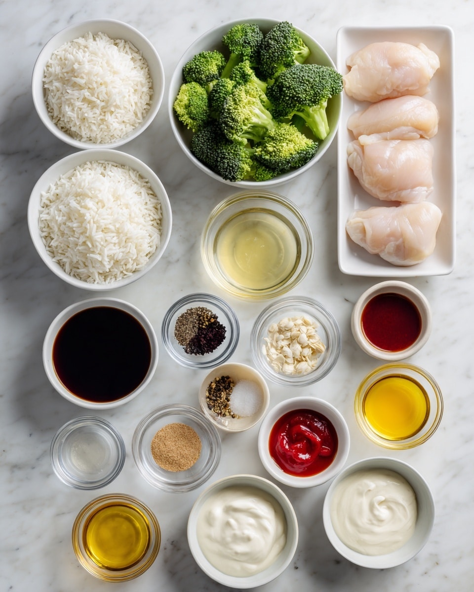 The image shows an organized layout of various cooking ingredients on a white marbled surface. At the top, three white bowls hold white rice on the left, bright green broccoli florets in the middle, and three smooth, pale pink chicken pieces on the right. Below these, a line of small white bowls contains different dried spices and seasonings with colors ranging from white, black, to deep red. Next, a row of small glass bowls holds dark soy sauce, golden honey, a clear liquid, small chopped pale yellow garlic, and bright red ketchup. Beneath these are more small white bowls with amber oil, light brown powder, white salt, and clear water. At the bottom, there are white and glass bowls filled with creamy white mayonnaise, red sauce, more water, and a light brown powdered seasoning. All containers are neatly arranged with clear separation, and the whole setup is very clean and bright. Photo taken with an iphone --ar 4:5 --v 7