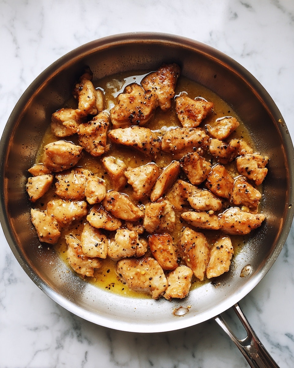 The image shows a silver frying pan filled with small, browned pieces of cooked chicken in a golden-brown sauce with black pepper seasoning scattered on top. The chicken pieces are evenly spaced across the surface of the pan and have a slightly glossy texture from the sauce. The pan sits on a white marbled surface. photo taken with an iphone --ar 4:5 --v 7
