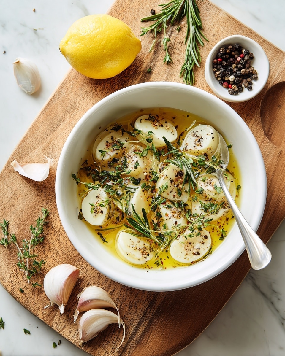 A white bowl sits on a wooden cutting board over a white marbled surface; inside the bowl are layers of sliced white garlic cloves covered in golden olive oil, topped with fresh green rosemary and thyme sprigs, with small black pepper specks sprinkled on top. A silver spoon rests inside the bowl. Around the bowl, the wooden board holds a yellow lemon, a few garlic cloves, and tiny green herb leaves scattered nearby. There is also a small white dish filled with black peppercorns on the marbled surface. photo taken with an iphone --ar 4:5 --v 7