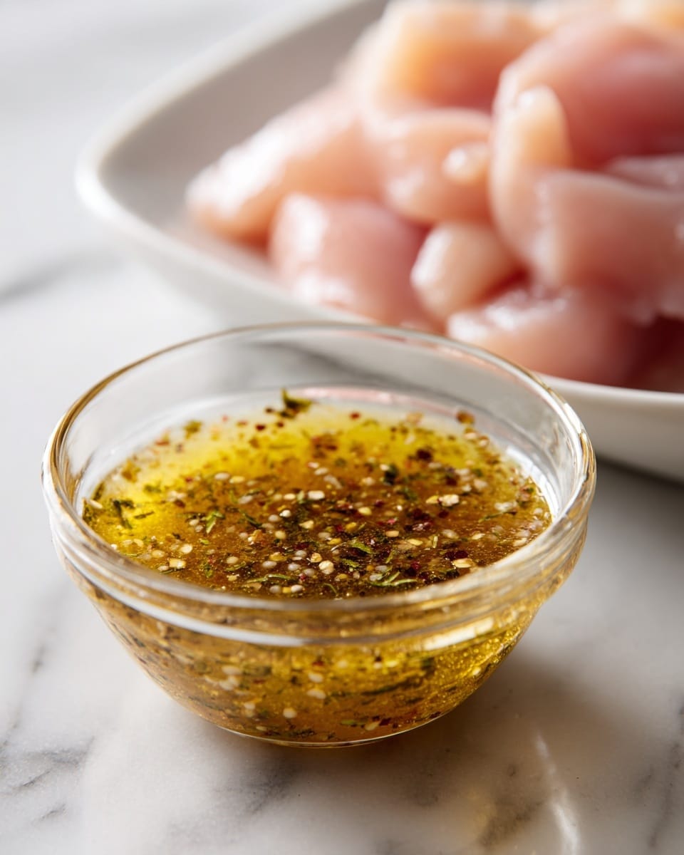 A clear glass bowl filled with a mustard-yellow sauce with visible herbs and spices mixed in, showing a slightly thick texture. Behind it on a white plate, several pale pink raw chicken pieces are spread out. The scene is set on a white marbled surface, giving a clean and bright look. photo taken with an iphone --ar 4:5 --v 7
