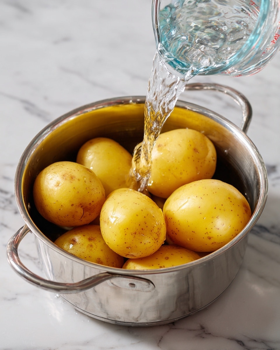 The image shows a silver pot filled with eight whole yellow potatoes inside. Clear water is being poured into the pot from a glass measuring cup held above the right side. The pot sits on a white marbled surface, and the shiny inside of the pot reflects light and the potatoes clearly. The potatoes have a smooth texture with some light brown spots. photo taken with an iphone --ar 4:5 --v 7