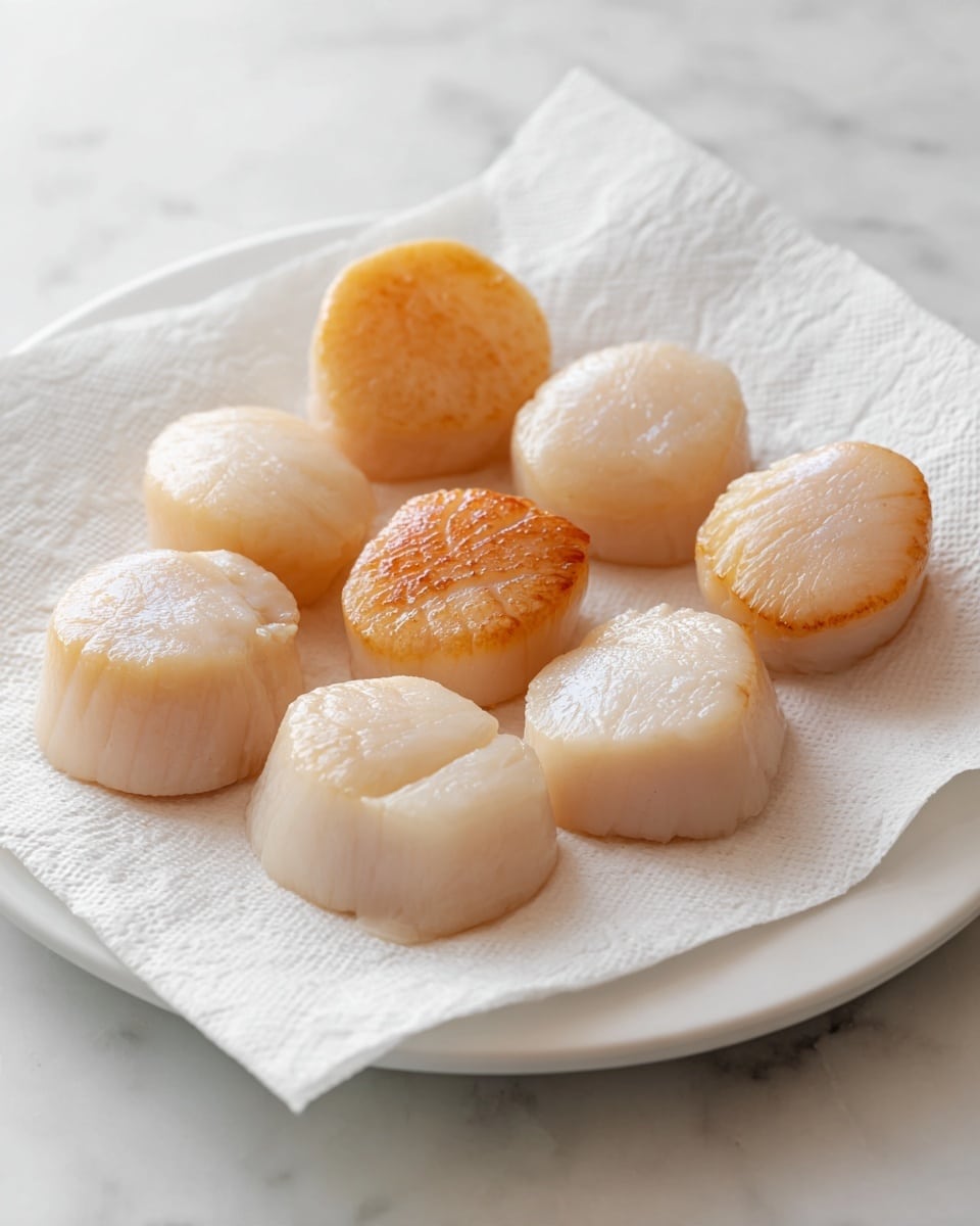 The image shows one layer of round scallops arranged on a white paper towel that lies on a white plate, all placed on a white marbled surface. Most scallops are light beige with smooth, slightly shiny textures, except for one scallop near the center which is a darker orangish color. The scallops are spaced evenly, showing their soft, moist appearance. Photo taken with an iphone --ar 4:5 --v 7