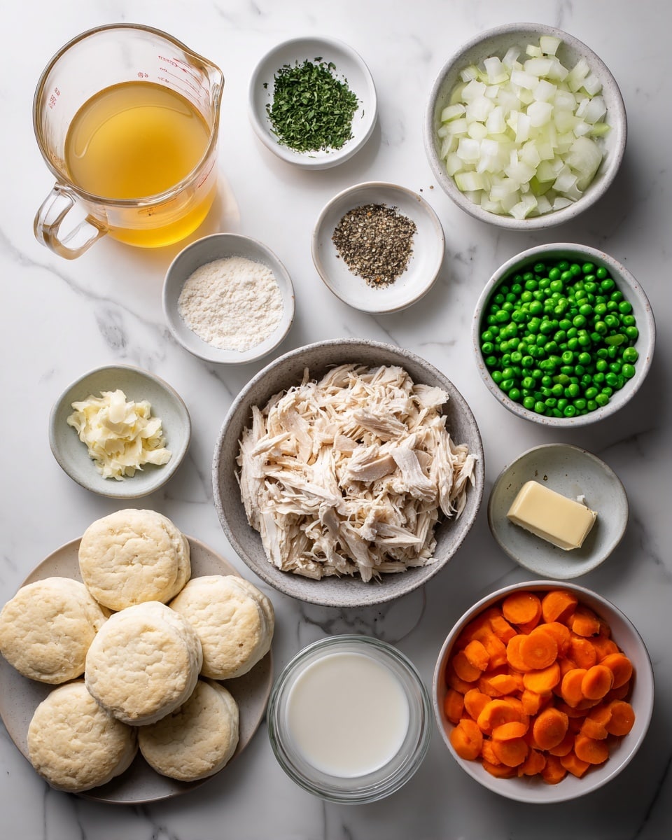 A top-down view of many ingredients on a white marbled surface, including a central grey bowl filled with shredded light beige cooked chicken, a white bowl with diced white onions on the right, a clear glass bowl with bright green peas on the left, and a white bowl with bright orange carrot slices below the chicken. Above the chicken, a grey bowl holds neatly arranged piles of coarse salt, black pepper, and chopped green herbs. To the top left, white bowls contain coarse salt and melted yellow butter. A clear glass measuring cup filled with golden yellow broth is to the right of the chicken. On the bottom left, a grey plate holds several round white uncooked dough biscuits. Other small white and grey bowls contain chopped light green celery, minced pale garlic, flour, and a small amount of butter. A glass measuring cup filled with white milk is near the bottom center. Photo taken with an iphone --ar 4:5 --v 7
