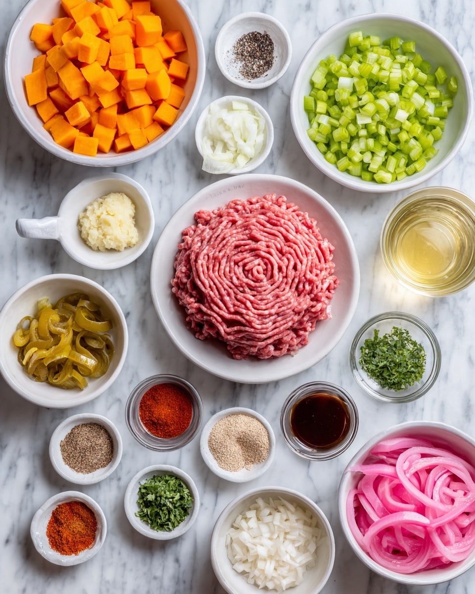 The image shows multiple small white bowls on a white marbled surface, each filled with different colorful ingredients. The largest bowl in the center-right contains a layer of raw ground meat with a pinkish-red color and a spiral texture on top. To its left are two large white bowls, one filled with bite-sized orange sweet potato chunks, and the other with bright green diced celery pieces. Around these are smaller bowls containing finely chopped white onions, yellow mustard, light brown sugar, minced garlic, a dark brown liquid, green chopped herbs, red chili powder, red pepper flakes, black and white ground spices, a red tomato paste with a smooth texture, pickled pink onion slices, pale yellow pickles, and a small glass of pale yellow liquid. Photo taken with an iphone --ar 4:5 --v 7