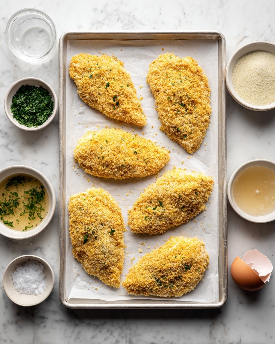 Six thin, oval-shaped pieces of breaded chicken are arranged on a rectangular baking tray lined with white parchment paper. Each piece has a rough, light golden texture coated evenly with breadcrumbs, showing a mix of yellow and beige tones. Around the tray, there are small bowls and dishes: one bowl contains finely chopped green herbs, another has coarse white salt, and two more bowls hold beaten egg wash with visible bubbles and dry breadcrumb mixture. A broken eggshell lies near the top right corner of the tray. The entire setup rests on a white marbled surface. photo taken with an iphone --ar 4:5 --v 7