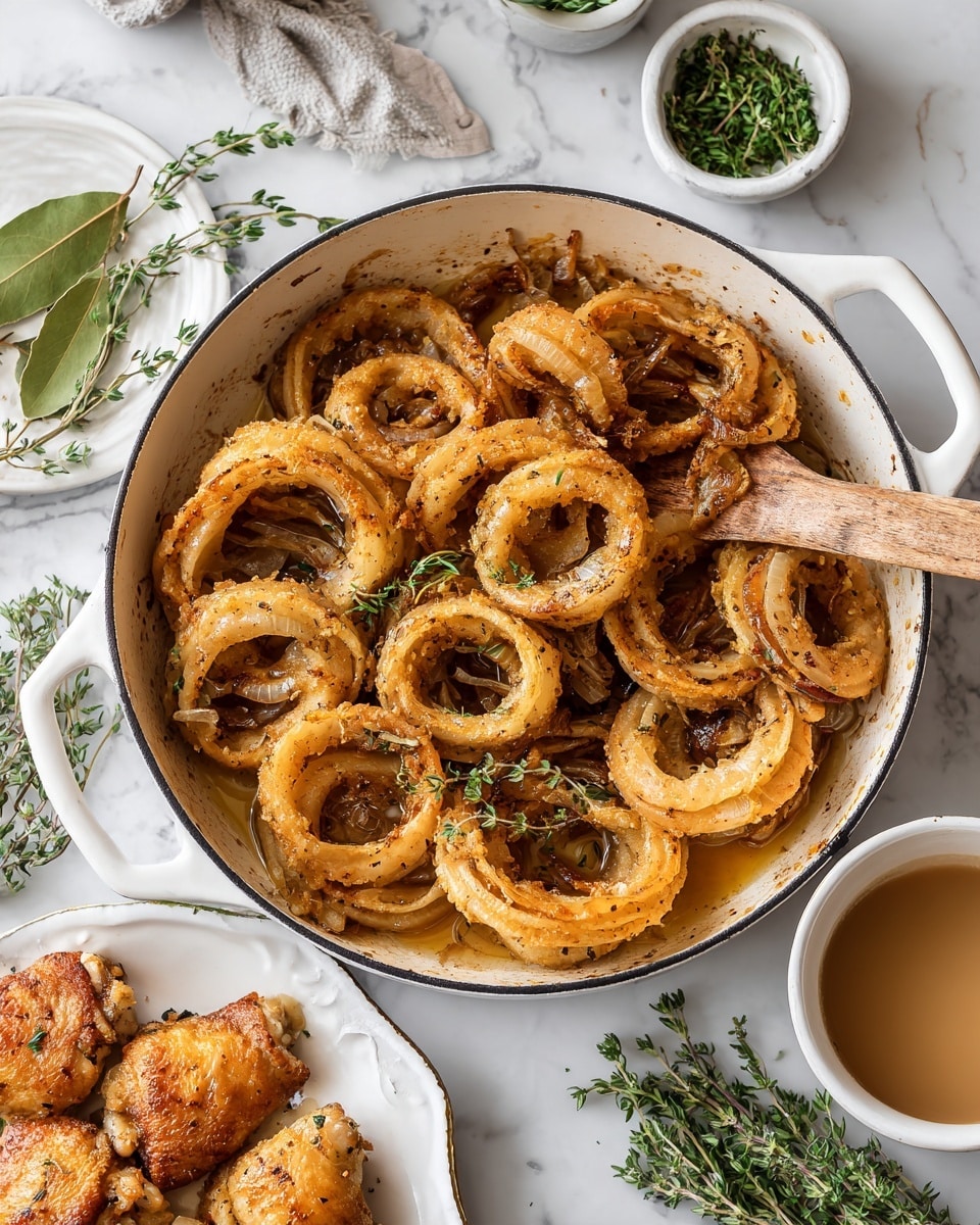 A large white pan filled with golden-brown cooked onion rings that have a soft, slightly caramelized texture, covered in small bits of seasoning and herbs. A wooden spoon rests inside the pan on the right side. Around the pan are small white bowls containing fresh green herbs and a light brown clear broth, along with a white plate at the bottom edge holding golden-baked chicken thighs with lightly browned and crispy skin, sitting on a white marbled surface. Nearby, a white dish holds two large bay leaves, and scattered sprigs of fresh thyme add a touch of green to the scene. Photo taken with an iphone --ar 4:5 --v 7
