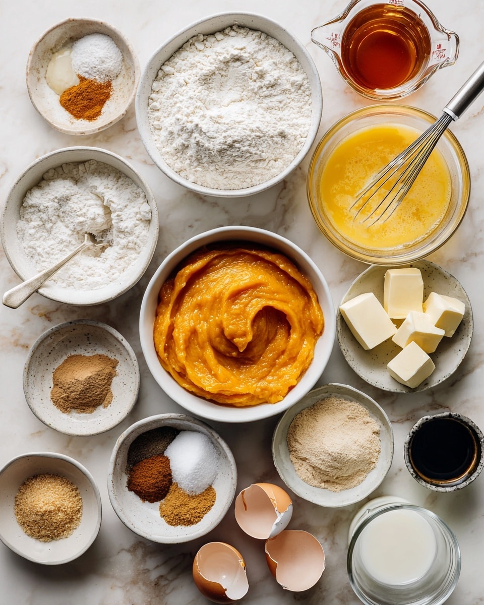 The image shows a top-down view of multiple white bowls and plates arranged on a white marbled surface, each holding different baking ingredients. In the center, there is a bowl filled with smooth, orange pumpkin puree. To its left, a bowl contains white flour with a metal spoon resting inside. Above it, there is a measuring cup filled with dark amber liquid. To the top right, a bowl has a yellow mixture being whisked with a whisk inside it. Nearby lie two cracked eggshells. Around these are smaller bowls and plates holding various powders and spices in shades of beige, brown, and off-white, along with a small bowl of dark vanilla extract. In the bottom middle, a bowl contains small cubes of butter, and a glass of white liquid sits next to it. The arrangement is neat with a warm, natural color palette photo taken with an iphone --ar 4:5 --v 7