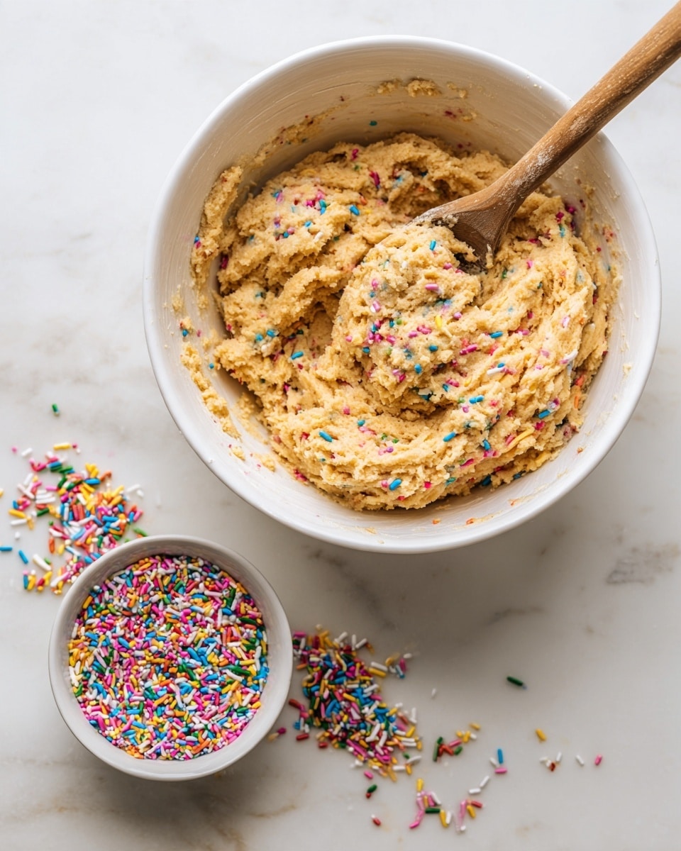 A large white bowl holds a thick, light brown dough mixed with colorful sprinkles scattered evenly throughout. A wooden spoon rests inside the bowl, partially covered by the dough. Nearby, a smaller white bowl contains more colorful sprinkles, some spilling onto a white marbled surface underneath. The texture of the dough looks slightly crumbly but moist, and the bright sprinkles add a playful contrast. Photo taken with an iphone --ar 4:5 --v 7