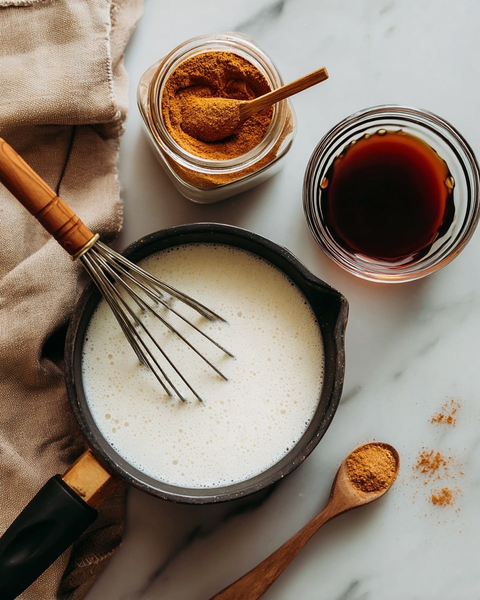 The image shows a close-up of a black saucepan filled with white frothy milk being whisked by a small handheld whisk attached to a black handle. Next to the pan is a small clear glass jar filled with brown spice powder with a small wooden spoon resting inside. On the right side, there is a clear glass bowl with dark brown liquid and a small whisk inside it. The items are placed on a white marbled surface with a light brown cloth partially under the saucepan. Some cinnamon powder is scattered lightly around the jar. photo taken with an iphone --ar 4:5 --v 7