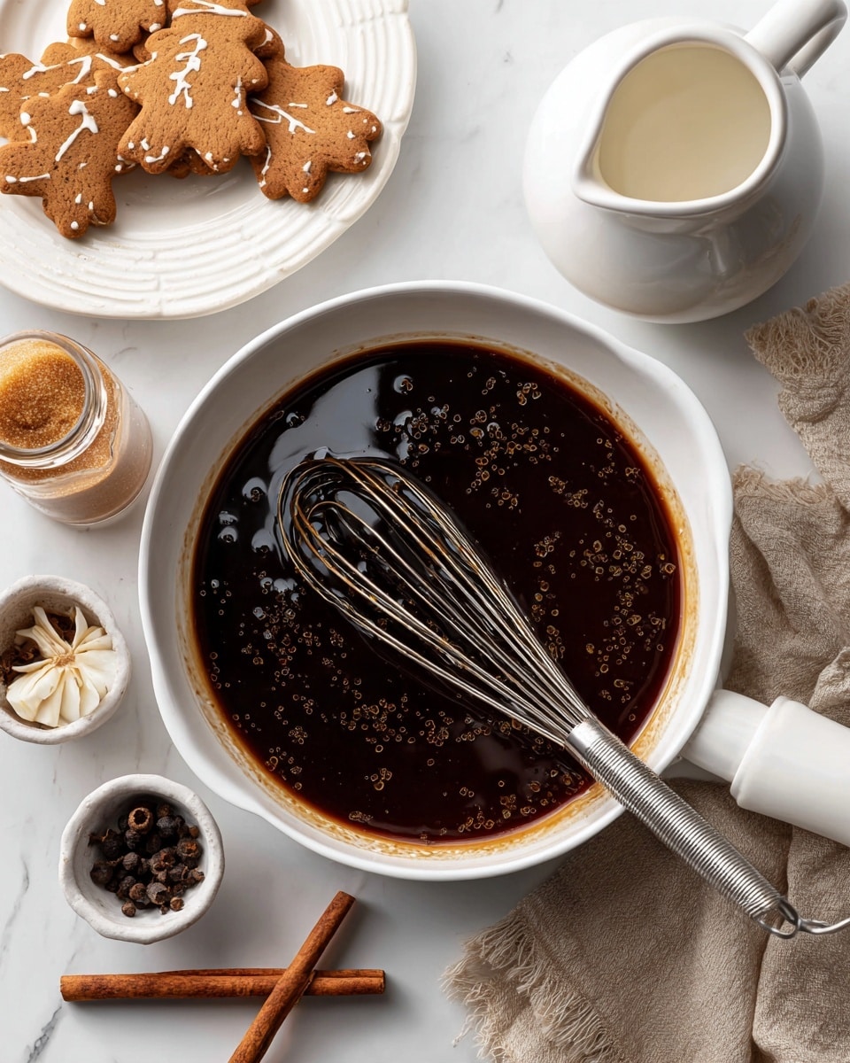 A white pan filled with a shiny dark brown liquid with small specks floating on it, a whisk resting inside the pan partially dipped in the liquid; around the pan on a white marbled surface, two cinnamon sticks lying flat, a small white bowl with whole cloves and a dried shiitake mushroom, a white pitcher with cream, a white plate with small gingerbread-shaped cookies, and a woman's hand holding a clear glass jar with brown sugar just out of frame on the left side photo taken with an iphone --ar 4:5 --v 7