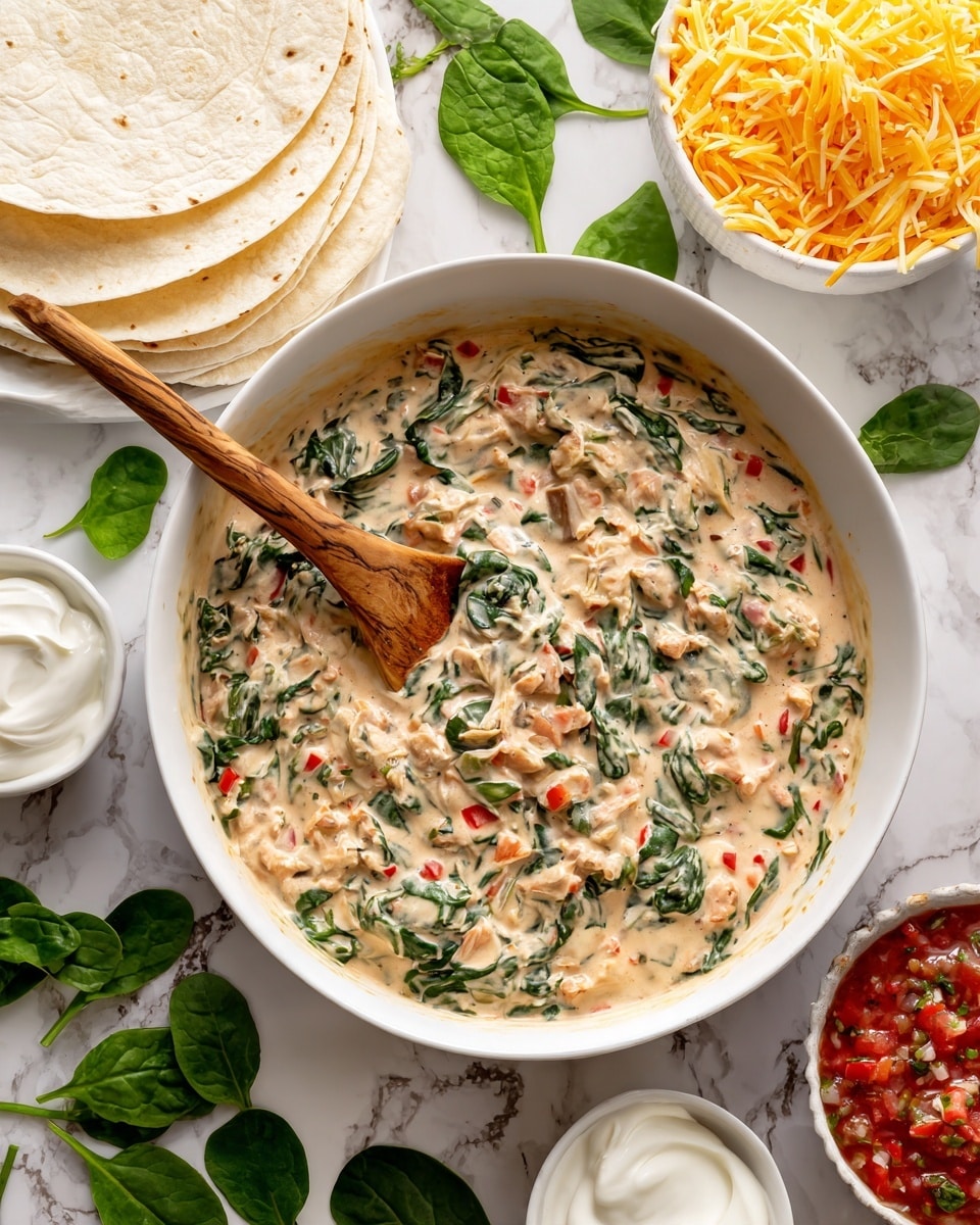 A white bowl filled with a creamy mixture containing chopped green spinach leaves, small red pepper pieces, and minced light-colored meat, with a wooden spoon resting inside. Around the bowl, there is a white bowl of shredded yellow cheese placed at the top, three white tortillas on the left, fresh spinach leaves scattered on the white marbled surface, a small white bowl of white sour cream on the right, and a small white bowl with chunky red salsa at the bottom right. The scene is set on a white marbled surface. photo taken with an iphone --ar 4:5 --v 7