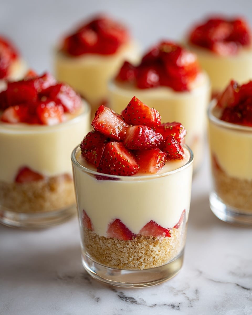 The image shows several small clear cups arranged on a white marbled surface. Each cup has three layers: the bottom layer consists of light golden brown cake pieces with a soft texture, the middle layer is a smooth pale yellow cream, and the top layer is made up of bright red chopped strawberries. The layers are neatly stacked, with the strawberries sitting above the creamy layer and the cake pieces clearly visible at the base. Photo taken with an iphone --ar 4:5 --v 7