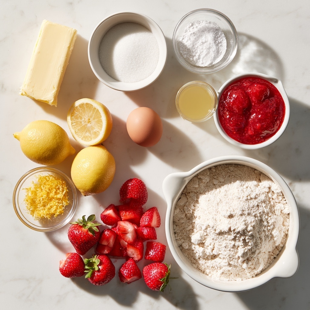 The images show a three-step process of making a strawberry dough dish. The first image has a clear glass bowl on a white marbled surface filled partly with a pale yellow dough and topped with bright red chopped strawberries. In the second image, the pale yellow dough and strawberries are mixed together in the same clear glass bowl, creating a lumpy texture with red bits spread throughout. In the third image, the mixed dough and strawberries are spread evenly inside a white rectangular baking dish with handles, resting on the white marbled surface. The dough layer is uneven but covers the bottom with red strawberry pieces visible on top. photo taken with an iphone --ar 4:5 --v 7