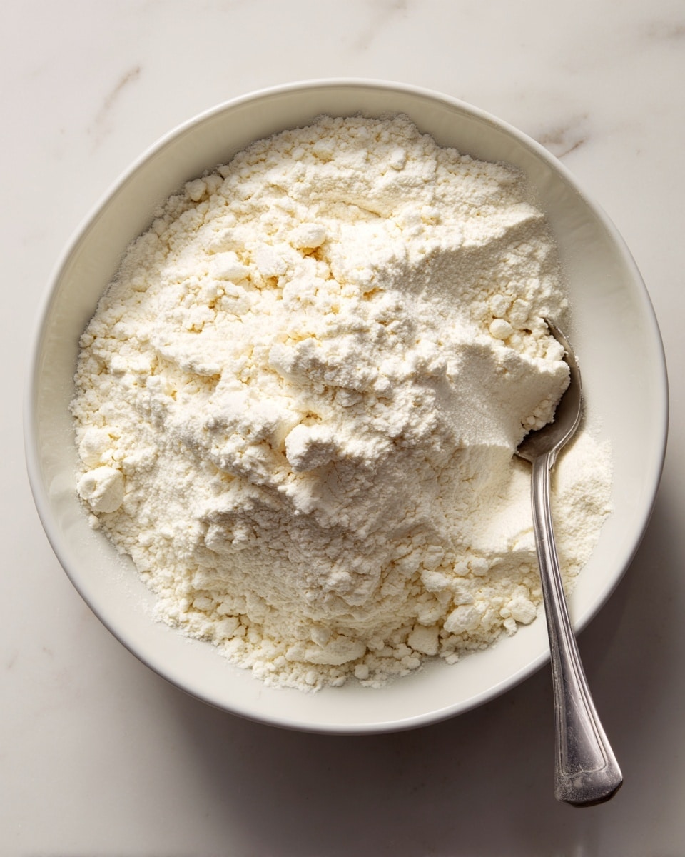A white bowl filled with a powdery white mixture with small light brown clumps scattered on top, giving a slightly grainy texture. A silver spoon rests inside the bowl on the right side, partially submerged in the powder. The bowl sits on a white marbled surface with soft lighting that highlights the fine texture of the powder and the smooth edge of the bowl. photo taken with an iphone --ar 4:5 --v 7