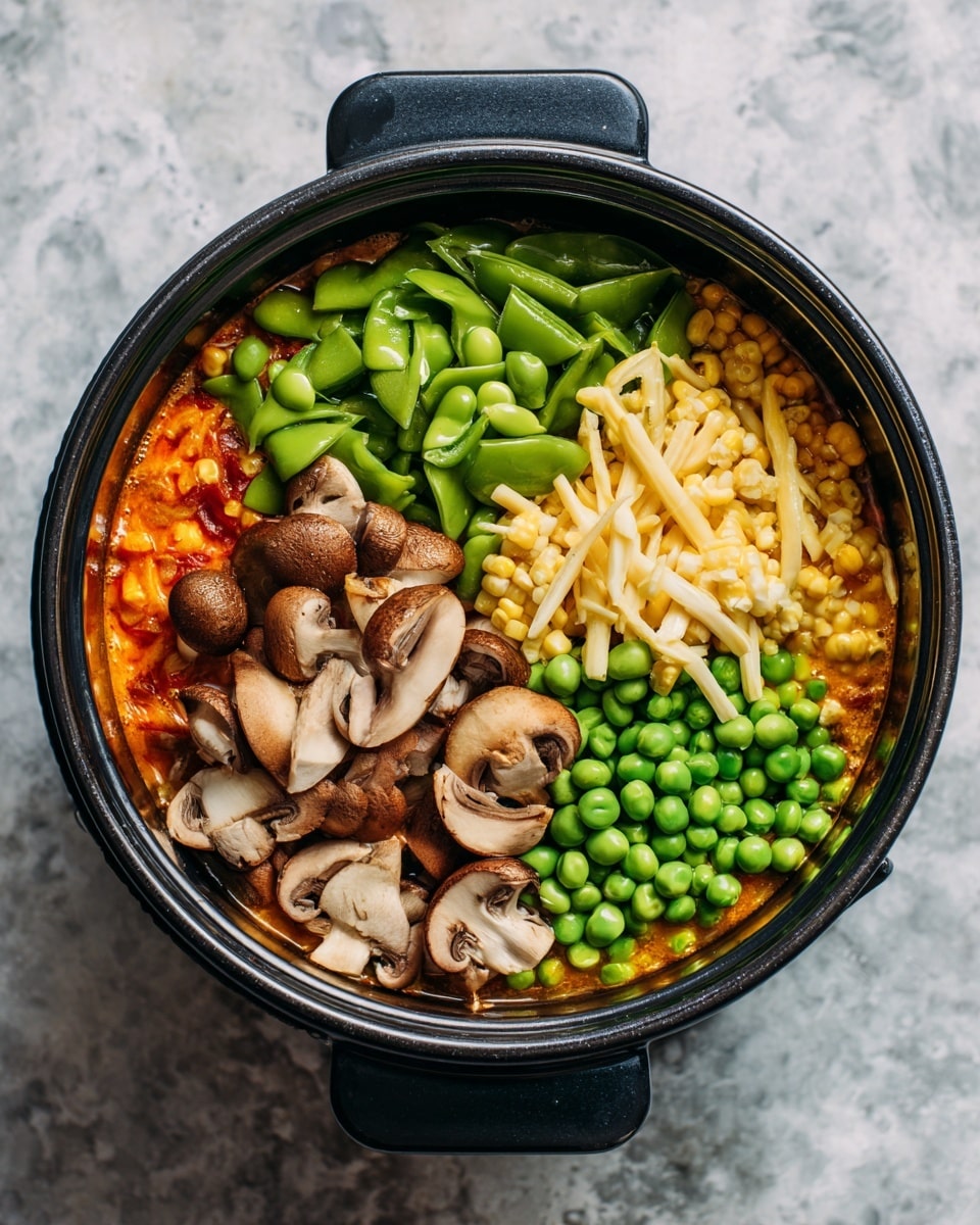 A close-up top view of a black pot with four groups of vegetables placed inside on top of a cooked base layer. The base layer is orange with small bits of cooked vegetables. On top of the base, in separate sections are bright green edamame beans, green snow peas, pale yellow baby corn slices, and brown and cream sliced mushrooms. The pot is on a stovetop with a white marbled texture surface visible around it. photo taken with an iphone --ar 4:5 --v 7