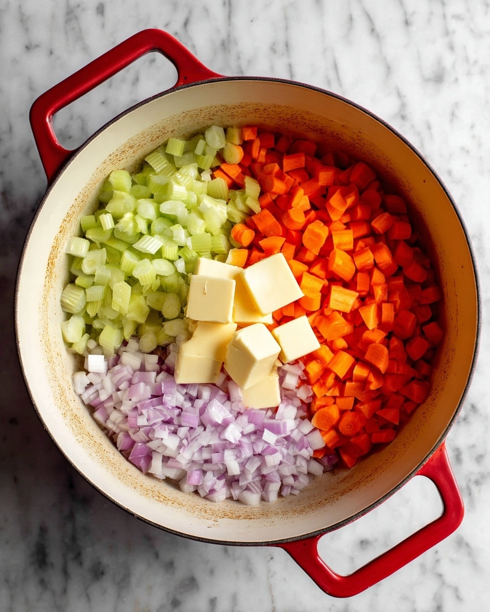 A top view of a white pot with red handles placed on a white marbled surface, inside the pot there are four distinct layers: bright orange chopped carrots in the top right, pale green chopped celery in the top left, light purple diced onions in the bottom right, and three light yellow butter cubes stacked in the center. The pot's inner surface has some browned spots around the ingredients. photo taken with an iphone --ar 4:5 --v 7