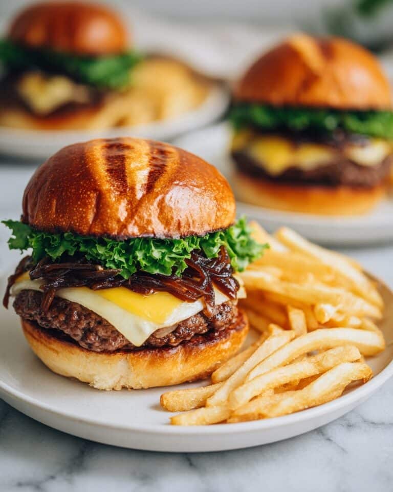 Caramelized Onion Burger with Swiss Cheese and Arugula Recipe