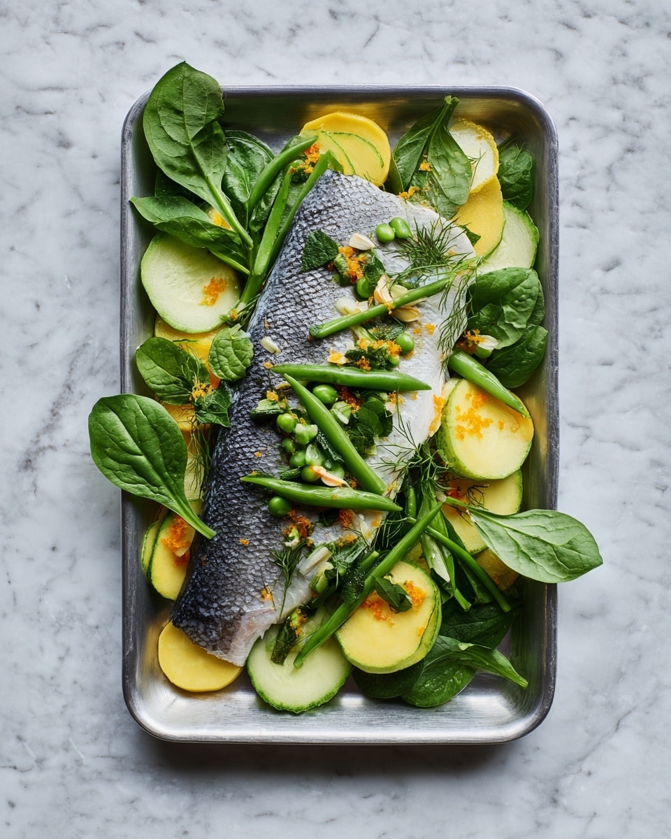 A silver tray holds a raw fish fillet with dark gray skin as the main layer in the center. Underneath and around the fish is an arrangement of light yellow round slices of squash, pale green round slices of zucchini, fresh dark green spinach leaves, and bright green snap peas. The fish fillet is sprinkled with small pieces of chopped garlic and bits of orange zest, along with some chopped herbs. The tray sits on a white marbled texture surface. photo taken with an iphone --ar 4:5 --v 7