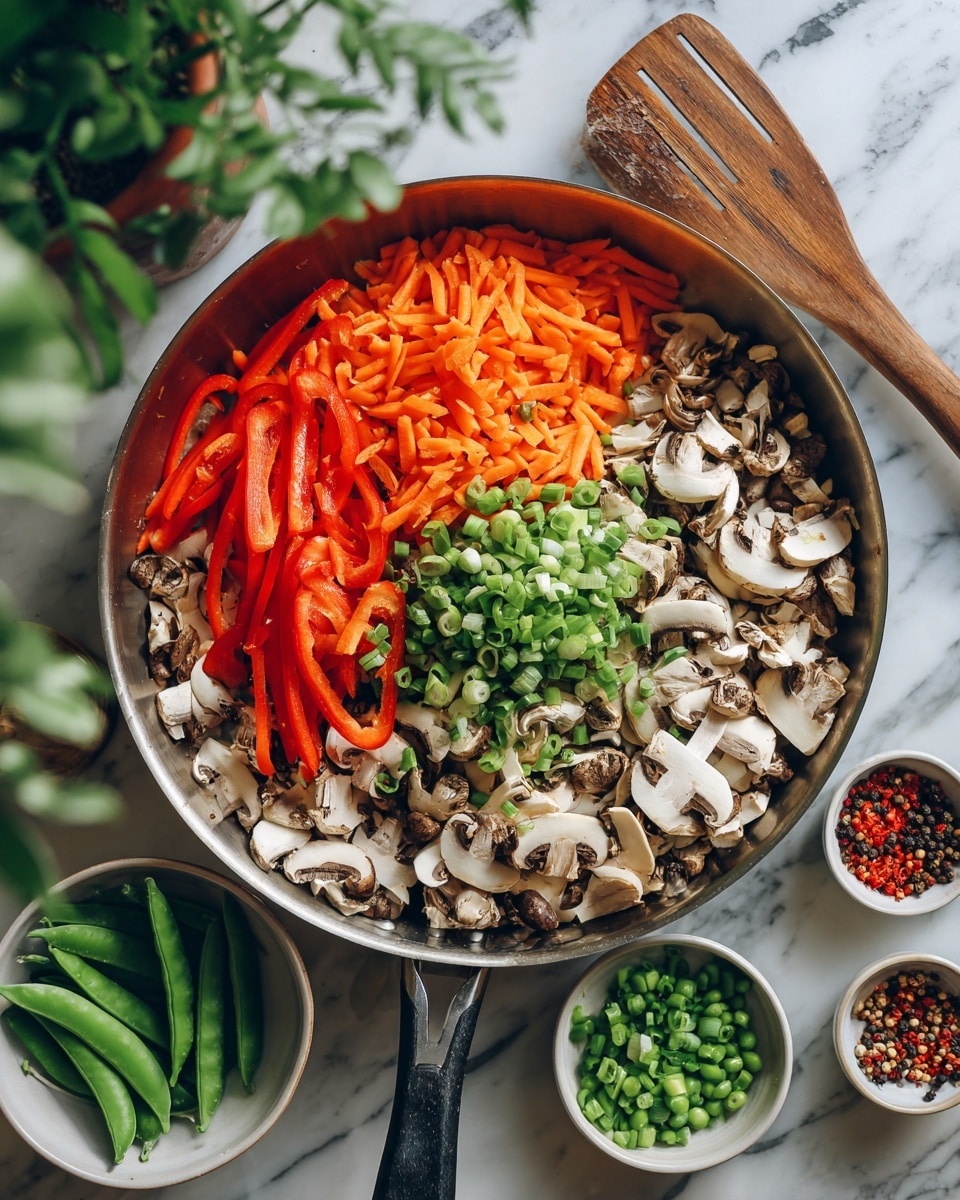 A shiny metal pan with black handle holds a mix of fresh vegetables. The bottom layer is made of white and brown sliced mushrooms, layered evenly across the pan. On top of the mushrooms are thin strips of bright red bell peppers spread around. The top layer has a pile of small, orange carrot sticks with chopped green onions sprinkled over them. A light brown wooden spatula rests on the edge of the pan. Around the pan, small white bowls hold green snap peas, crushed red pepper flakes, and peppercorns. The pan and bowls sit on a white marbled surface with a green potted plant in the top left corner. Photo taken with an iphone --ar 4:5 --v 7