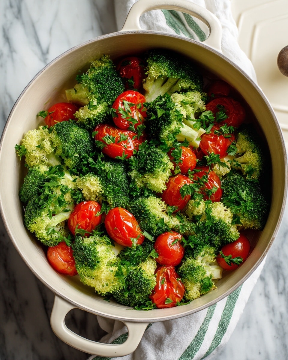 A white cooking pot filled with fresh broccoli florets and halved red cherry tomatoes, layered evenly throughout, topped with scattered green parsley leaves. The pot sits on a white marbled surface with a white and green striped cloth beside it. The broccoli's green color contrasts brightly with the shiny, juicy red tomatoes and vibrant parsley, all inside the light beige inner lining of the pot. The pot's lid rests slightly open on the right side, showing the colorful mix inside. photo taken with an iphone --ar 4:5 --v 7