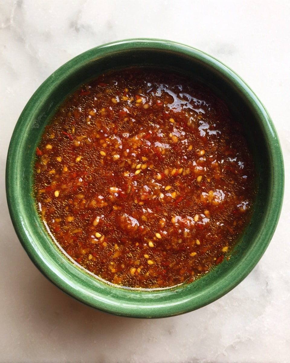 A green bowl filled with a thick, coarse sauce that has a reddish-brown color mixed with yellowish bits, likely seeds or spices, spread evenly throughout. The surface appears slightly oily with tiny bubbles scattered across. The bowl is placed on a white marbled textured surface, seen from above. photo taken with an iphone --ar 4:5 --v 7